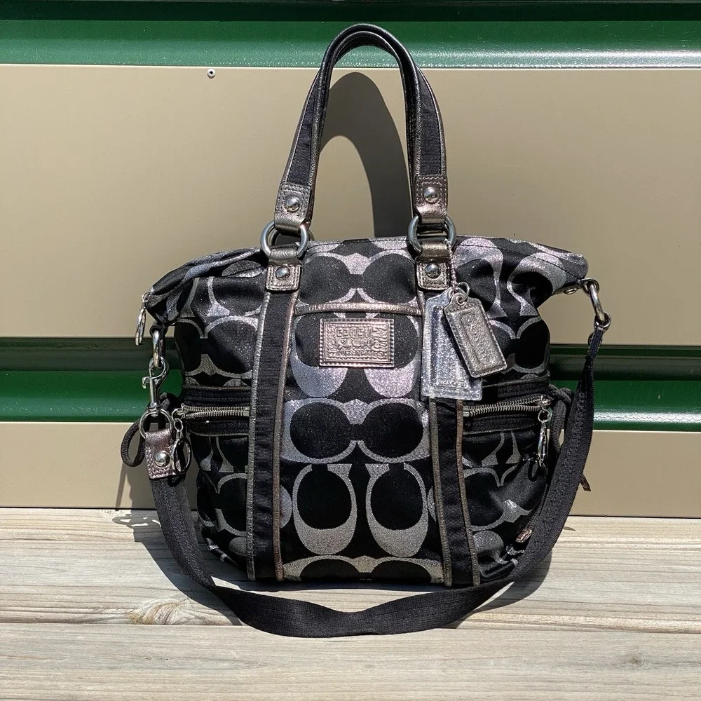 Coach Poppy Signature Spotlight Pocket Tote Black Silver Metallic Satchel 14434